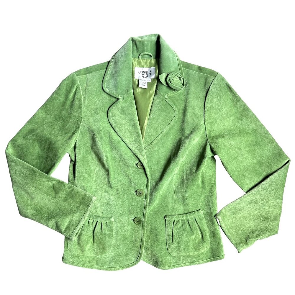 Vintage Green Leather Blazer‎ Jacket Cervelle M Rose Detail Womens Cottagecore